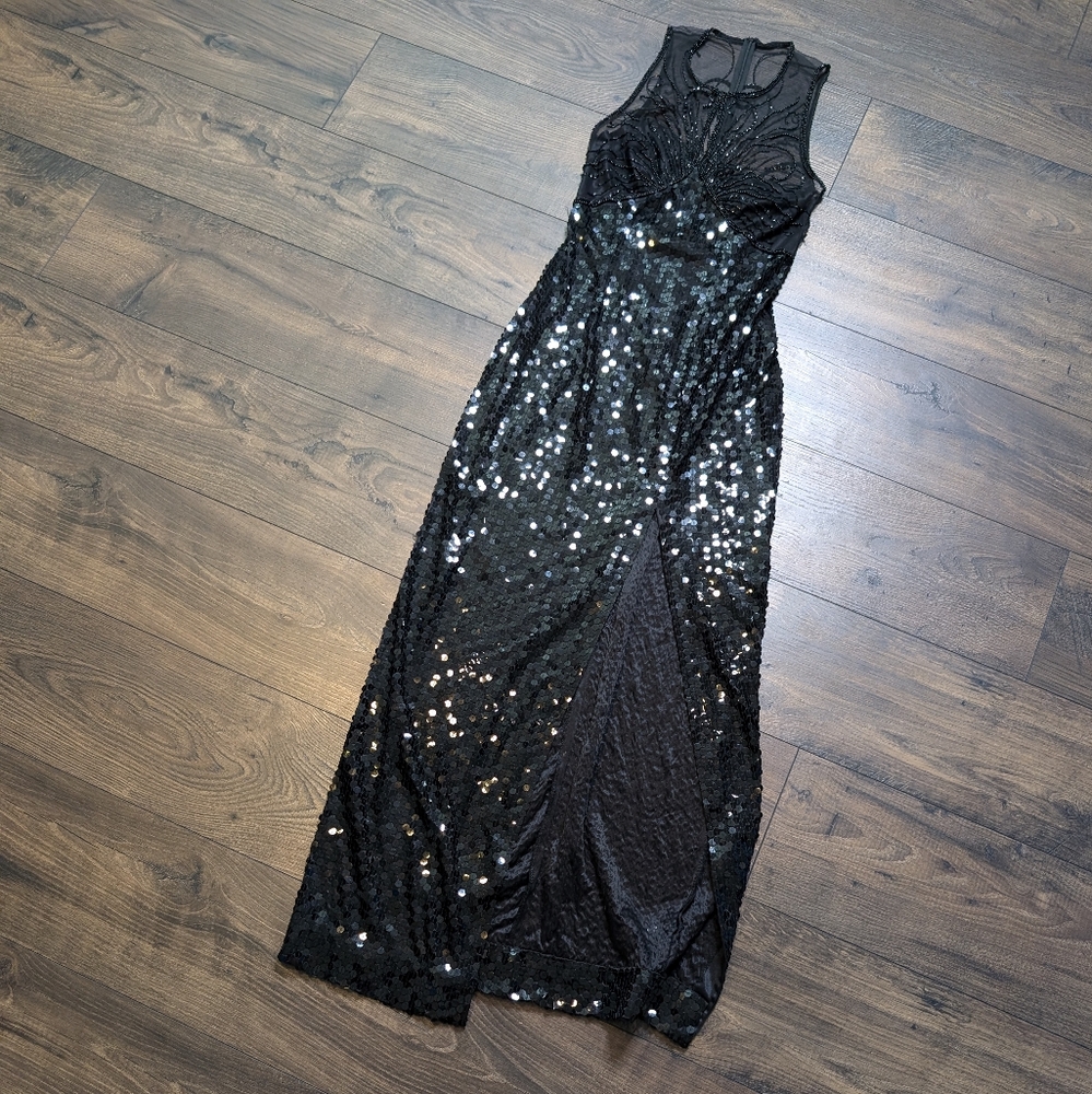 RARE NITELINE Della Roufogali Black Beaded Sequin Maxi/Midi Dress Vintage Size 4 - Picture 5 of 16